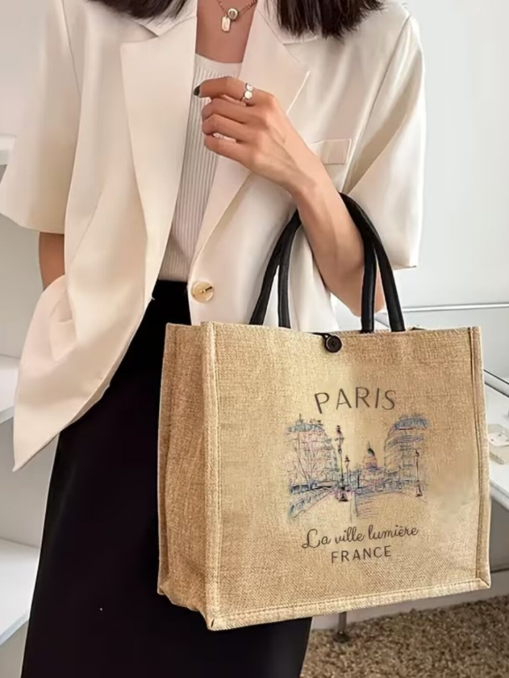 Parisian Market Woven Tote Roomy Burlap-Style Shopper Inner Pocket Black Handles